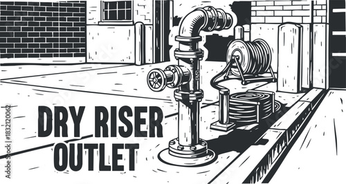 A dry riser outlet with hose reel and signage in black and white outline vector style, ideal for safety and emergency illustrations