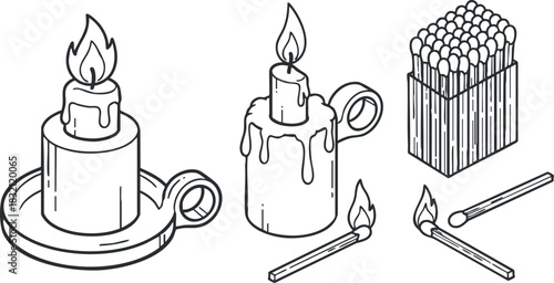 A collection of candles and matches in a clean outline minimalist vector style, suitable for home decor and ambiance design