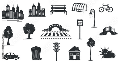 A collection of urban elements including buildings, trees, benches, and traffic signs in black and white minimalist vector style, ideal for city planning or design projects