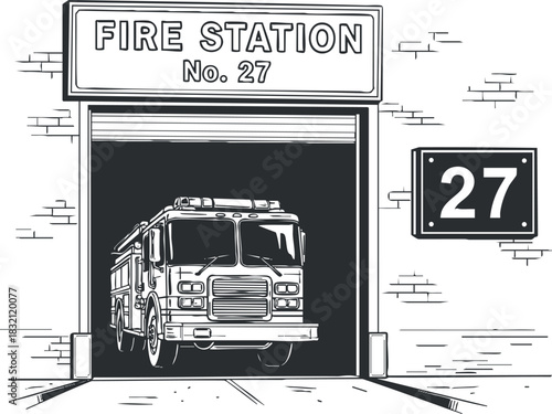 A fire station with a fire truck parked inside in black and white outline vector style, ideal for educational materials and safety campaigns