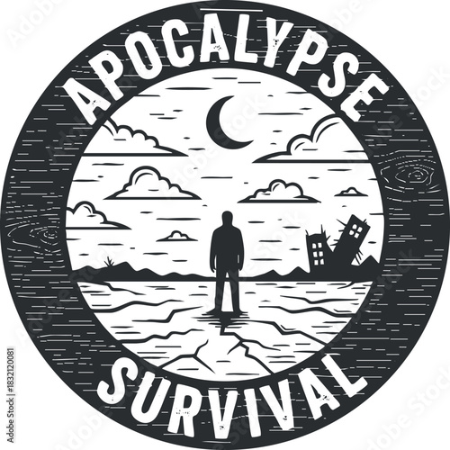 A circular badge featuring a figure standing on cracked earth under a moonlit sky, in black and white vintage vector style, ideal for survival and adventure themes