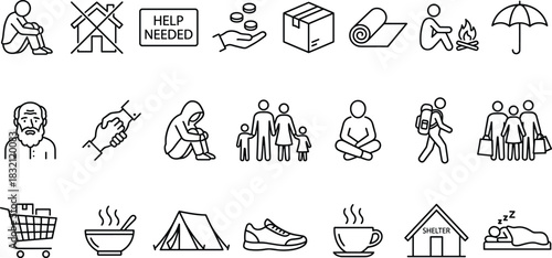 Homelessness and poverty icons set, refugee aid, charity, shelter, and humanitarian support line art vector illustration collection.