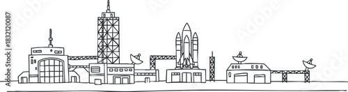 A collection of industrial buildings including a rocket launchpad and satellite facilities in outline vector style, suitable for technology and engineering projects