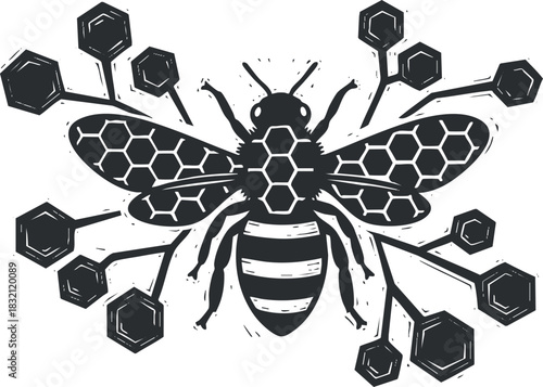 A stylized bee with hexagonal honeycomb design and floral elements in black vector illustration, suitable for nature-themed projects