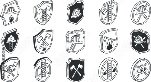 A collection of fire safety icons including shields, axes, helmets, and flames in black and white outline vector style, ideal for emergency services branding