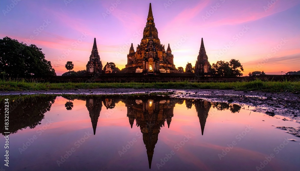Obraz premium A beautiful sunset reflects in the water in front of an ancient temple in Ayutthaya, Thailand. The sky is filled with vibrant colors.