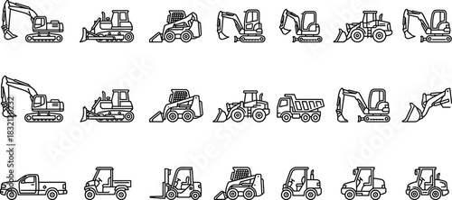 Heavy construction machinery icons set, excavator, bulldozer, forklift, and truck line art vector illustration collection, industrial equipment symbols.