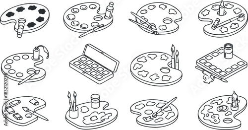 A set of artist palettes with paint, brushes, and tools in minimalist outline vector style, ideal for art-related branding and design