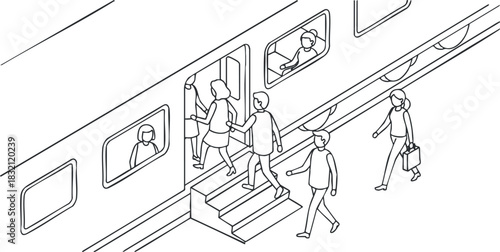 A line art illustration of commuters boarding and exiting a train in minimalist vector style, ideal for transportation and urban themes
