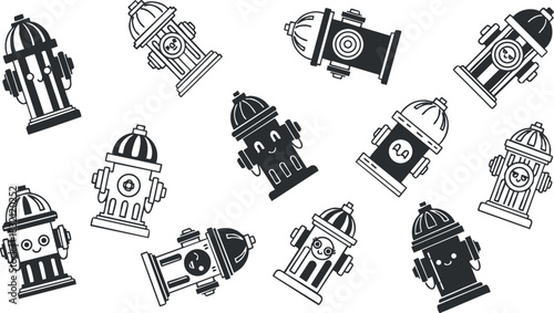 A collection of fire hydrants in a playful black and white vector style, suitable for urban design projects or safety awareness campaigns