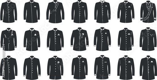 A collection of formal suit jackets with different designs in black and white vector style, perfect for fashion branding and design