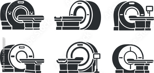 A set of MRI machines in black and white vector style, suitable for healthcare and medical illustrations