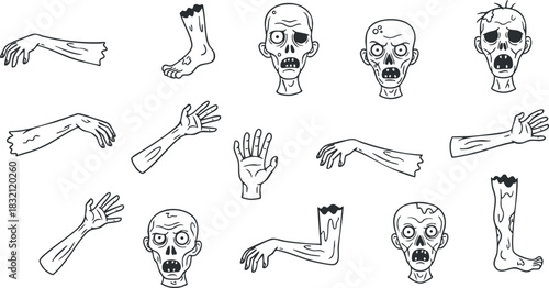 A collection of zombie arms and heads in black and white outline vector style, ideal for Halloween designs and horror themes