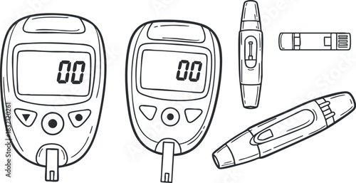 A set of blood glucose meters and insulin pens in clean line art vector style, suitable for healthcare and medical projects