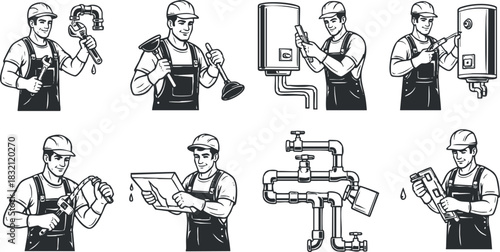 A set of plumber illustrations depicting various plumbing tasks in black and white vector style, suitable for service industry graphics