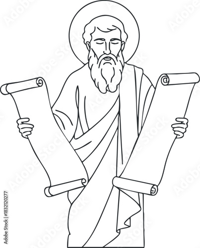 A man holding two scrolls with a beard in a black and white outline vector style, suitable for religious illustrations