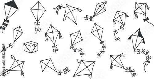 A collection of various kites with bows and strings in a minimalist black and white vector style, ideal for outdoor activity themes and creative projects
