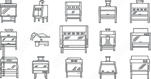 A collection of kitchen appliances including ovens, fryers, and grills in minimalist black and white outline vector style, suitable for food-related designs