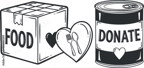 A food donation box with a heart symbol and a can labeled donate in black and white outline vector style, suitable for charity promotions