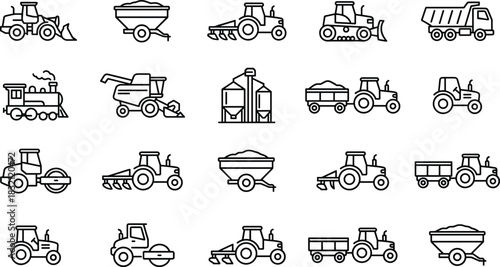 Agricultural and construction machinery icons set, tractor, harvester, bulldozer, truck, and train line art vector illustration collection.