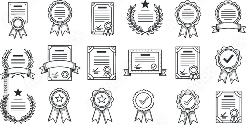 A collection of award and certificate icons featuring ribbons, seals, and laurels in a monochrome outline vector style, suitable for recognition and achievement designs