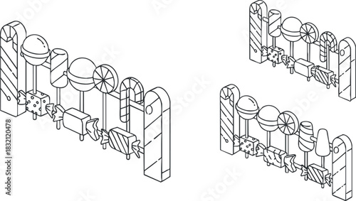 A collection of assorted candy and lollipop illustrations in an outline vector style, perfect for sweet-themed designs and branding