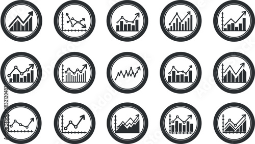 A collection of data analysis and graph icons in black and white vector style, suitable for business presentations and reports