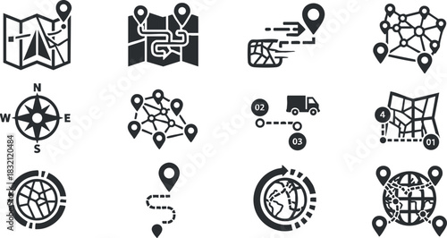 A collection of navigation and map icons in black and white vector style, ideal for travel and logistics applications