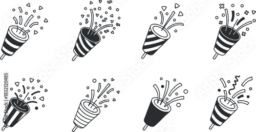 A set of party poppers with confetti in black and white outline vector style, perfect for festive event designs