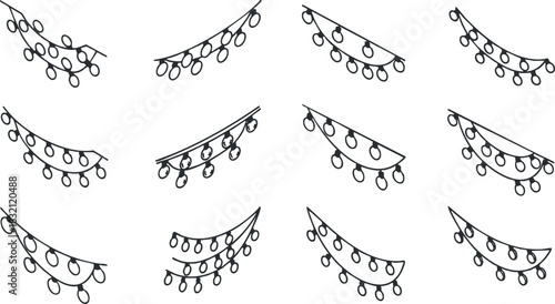 A collection of decorative string lights in black outline minimalist vector style, ideal for festive event designs