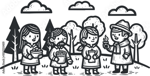 A group of friends enjoying food and drinks outdoors in a playful black and white vector style illustration, perfect for community and lifestyle themes