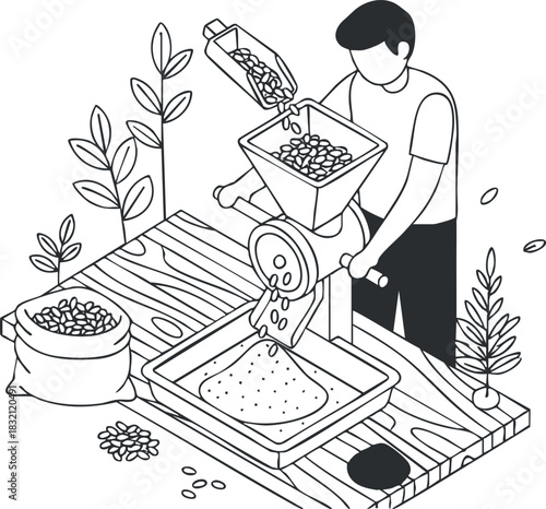 A man operating a coffee bean grinder in minimalist black and white vector style, ideal for food-related projects