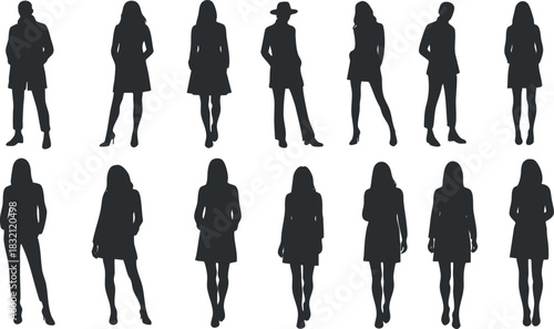 A set of female silhouettes in various poses and outfits in black minimalist vector style, ideal for fashion branding and design projects