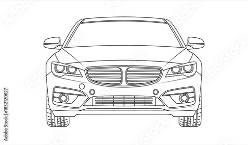 Front view of a modern car outline drawing illustrating automotive design and engineering presented in a clean and minimalist silhouette style silhouette