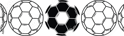 Black and white classic football or soccer balls in a repeating border design with traditional hexagonal and pentagonal pattern, isolated sport vector illustration on white background.