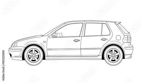 Detailed hatchback car outline illustration in black and white featuring a clean silhouette style perfect for coloring books and automotive designs silhouette
