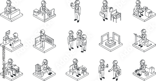 A set of construction workers in various tasks and roles in outline vector style, suitable for industry-related projects and presentations