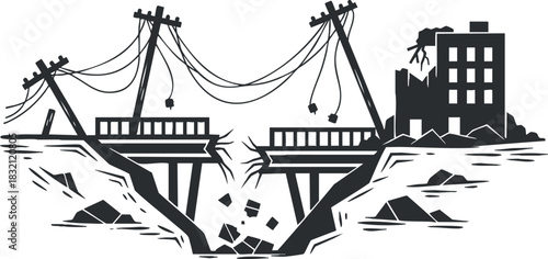 A scene of destruction showing a collapsed bridge and damaged buildings in black and white vector style, suitable for disaster awareness projects