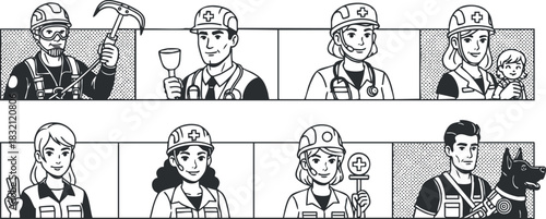 A set of diverse emergency rescue workers in black and white vector style, ideal for community service and safety awareness projects