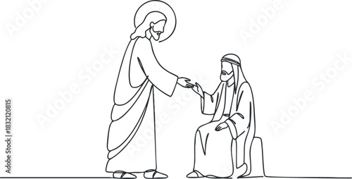 A line art illustration of Jesus healing a person in minimalist style, perfect for religious themes and spiritual projects