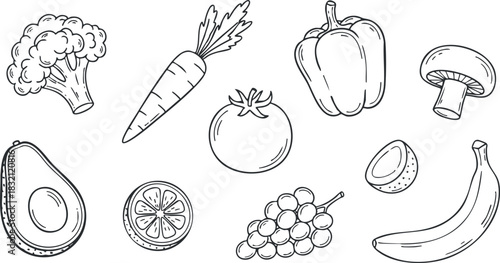 A collection of hand-drawn vegetables and fruits in black and white outline vector style, perfect for health and nutrition designs