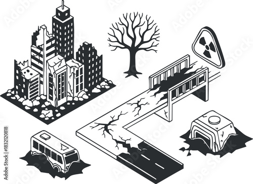 A dystopian city landscape featuring destroyed buildings, a cracked road, a broken bridge, and a dead tree in black and white outline vector style, suitable for environmental awareness projects