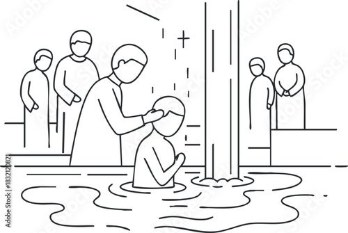 A minimalist outline illustration of a baptism ceremony in a body of water, featuring individuals participating in a spiritual ritual, ideal for religious contexts and faith-related materials