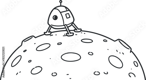 A lunar lander on the moon's surface in black and white outline vector style, suitable for educational and space-themed projects