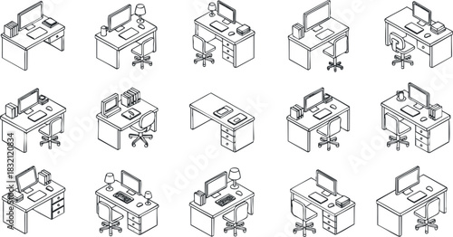 A collection of various office workspace setups featuring desks, computers, and office supplies in minimalist line art vector style, ideal for business presentations and design projects