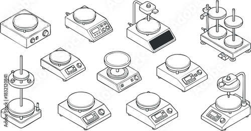 A collection of various laboratory scales and balances in clean outline vector style, suitable for scientific and educational projects