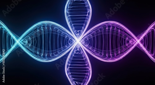 Abstract Blue and Purple Neon DNA Strands Forming a Symmetrical Pattern on Black Background