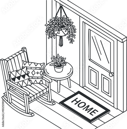 An inviting home entrance featuring a rocking chair, potted plant, and welcome mat in outline black and white vector style