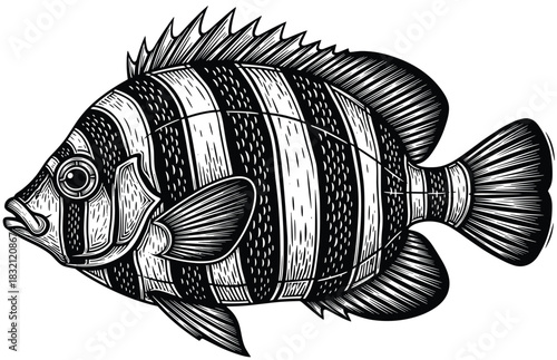 Black and white vintage engraving illustration of a striped fish, depicting a fresh water or ocean creature with detailed scales and fins, isolated marine vector on white background.