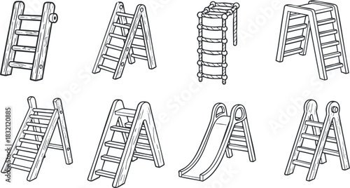 A collection of playground ladders and slides in black outline vector style, ideal for children's activity designs